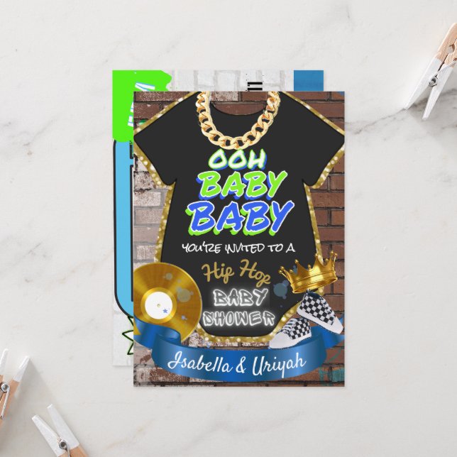 Invitation Ooh bébé bébé | Hip hop Blue & Green Retro (Devant/Arrière en situation)