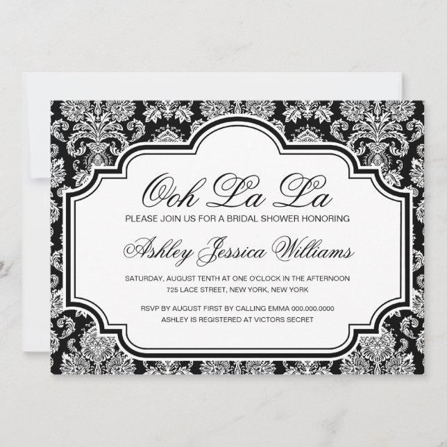Invitation Ooh La La Fête des mariées Damas Noir Et Blanc (Devant)