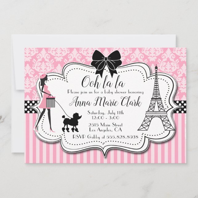 Invitation Ooh la la - Paris Poodle Baby shower rose (Devant)