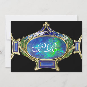 INVITATION OPAL VERT BLEU, MONOGRAMME D'OEUVRE D'OR ART NOUVE