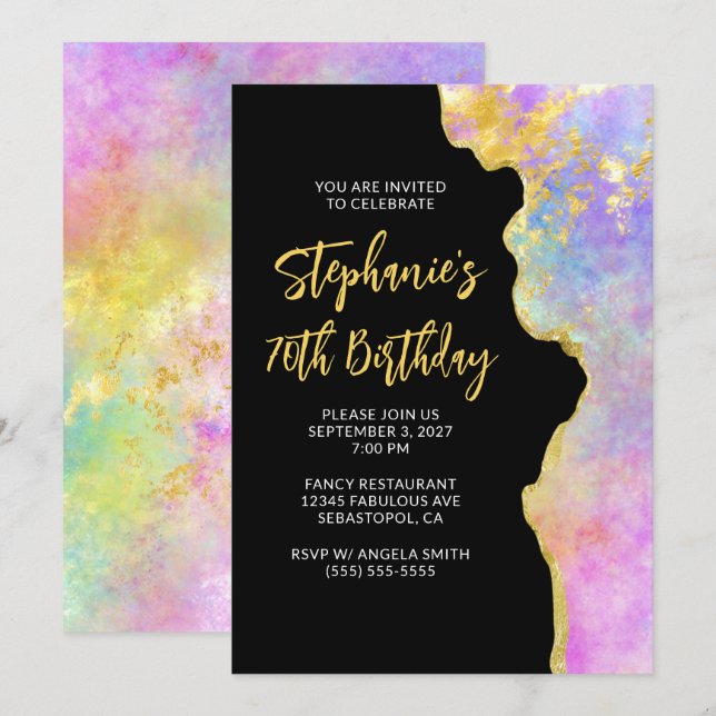 Invitation Opale de feu de verre rose et or 70e anniversaire (Devant / Derrière)