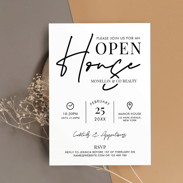 Invitation Open House Noir Blanc Immobilier (Modern Open House Invitation design in black and white, perfect to promote your next event)