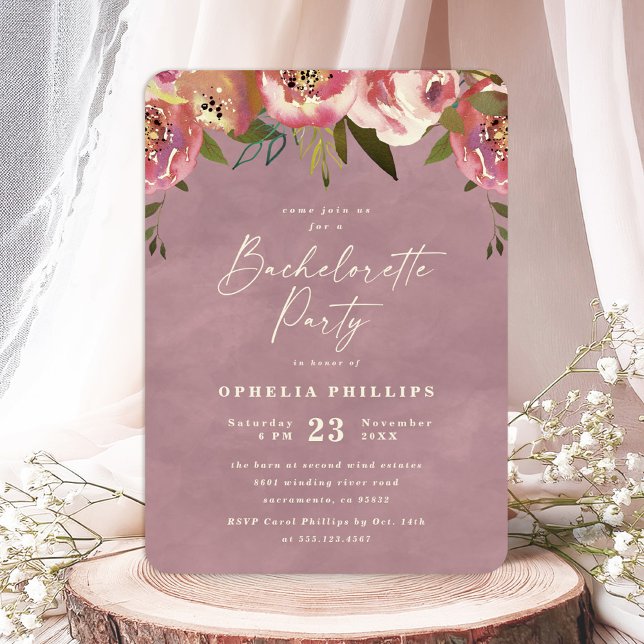 Invitation Ophelia Dusty Rose Floral Bachelorette (Say "I DO" to Romantic Watercolor Florals and a Cottagecore Vibe with the Ophelia Wedding Suite.)