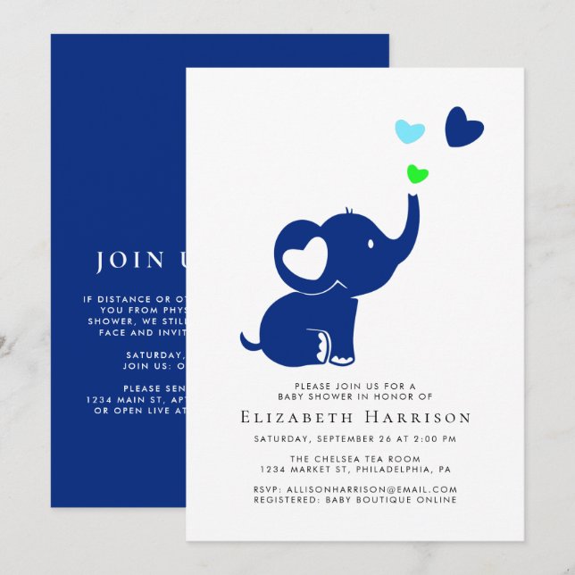Invitation Option virtuelle Baby shower bleu éléphant minimal (Devant / Derrière)