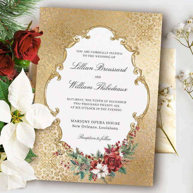 Invitation Opulence dorée Noël Mariage floral (Créateur téléchargé)