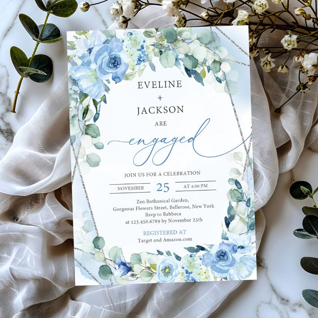 Invitation Opulent fleurs bleues argent sauge Fiançailles (chic watercolor boho blue flowers eucalyptus silver frame engagement invitation)