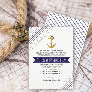 Invitation Or, ancre marine, mariage de plage nautique rayure