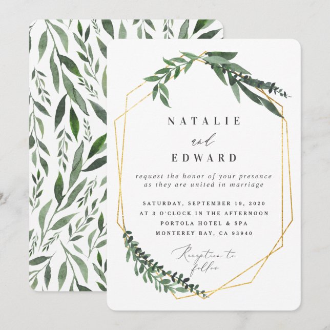 Invitation or aquarelle géométrique verdure (Devant / Derrière)