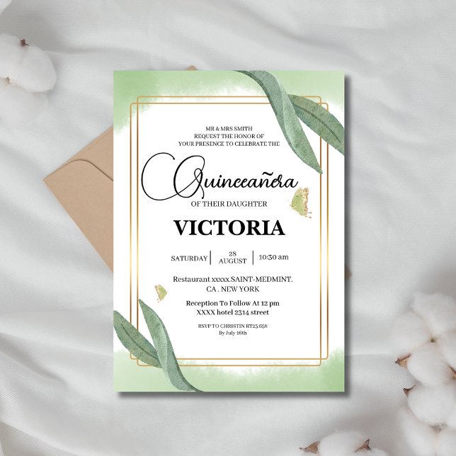 Invitation or Aquarelle Sage papillon vert Quinceanera (Créateur téléchargé)