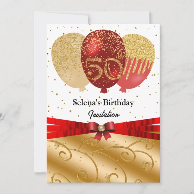 Invitation Or, Ballons rouges et Ruban en soie 50e anniversai (Devant)