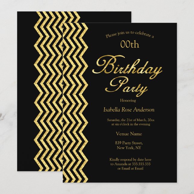 Invitation Or Bande Chevron Black Gold Elegant Anniversaire (Devant / Derrière)