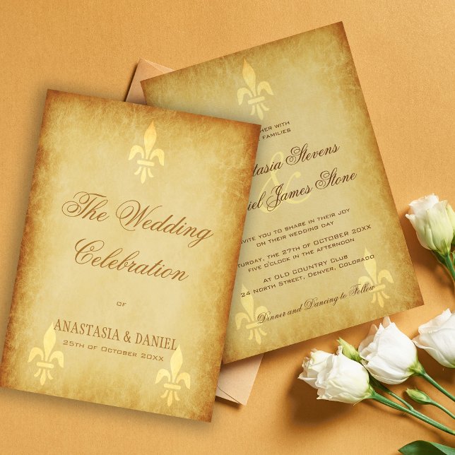 Invitation Or beige de luxe fleur de lis de style français (Créateur téléchargé)