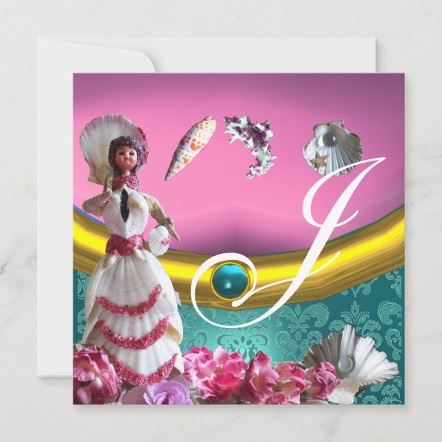 INVITATION OR BLEU AQUAMARINE DAMASK BEACH MONOGRAM MARIAGE (Devant)