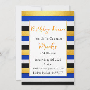 Invitation Or Bleu Blanc Noir Rayures Luxe Moderne Tendance