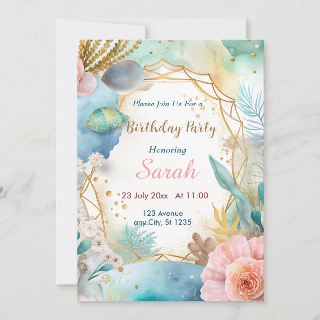 Invitation or bleu chic boho aquarelle anniversaire (Devant)