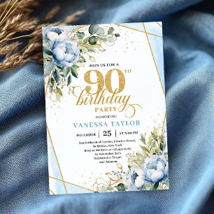 Invitation Or bleu floral pâle mélange fantaisie 90e annivers