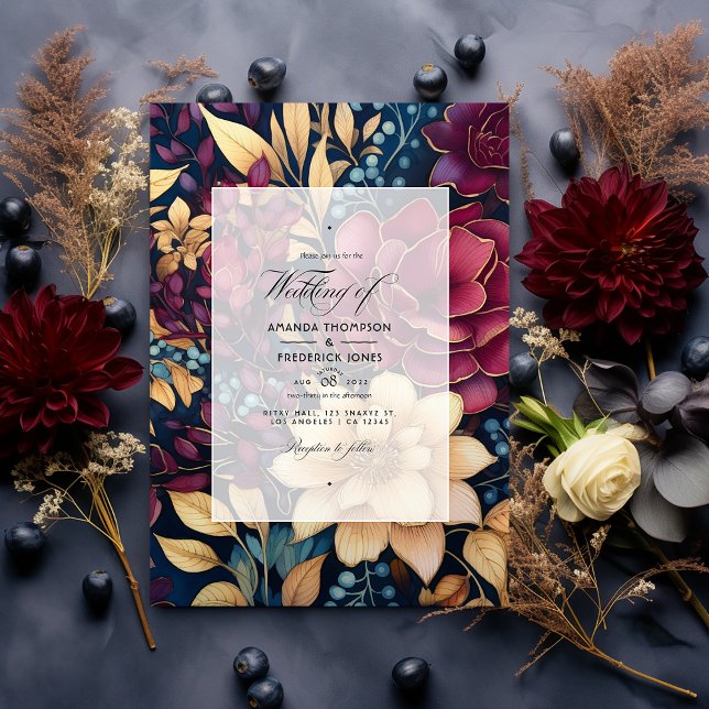 Invitation Or, bleu marine et Mariage floral de Bourgogne (Créateur téléchargé)