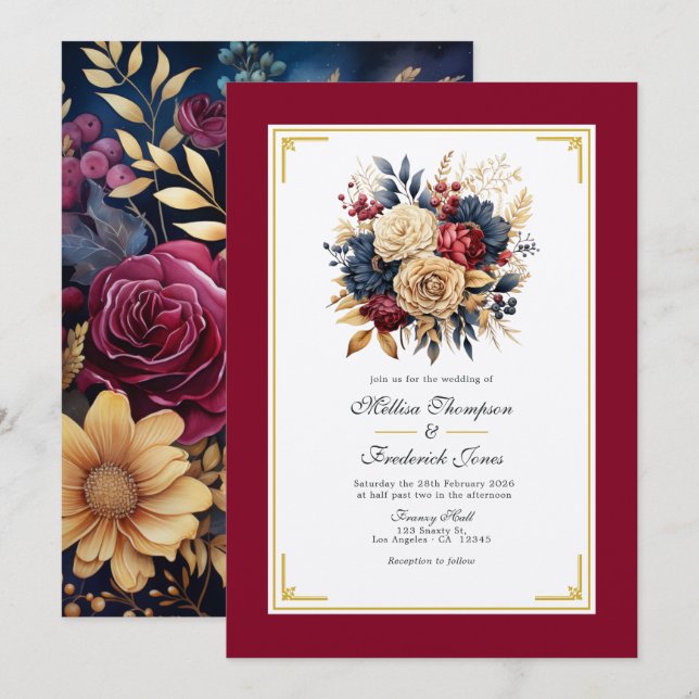 Invitation Or, bleu marine et Mariage floral de Bourgogne (Devant / Derrière)