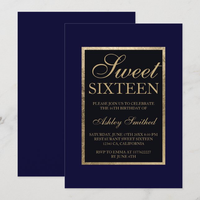 Invitation Or bleu marine moderne élégant chic Sweet 16 (Devant / Derrière)