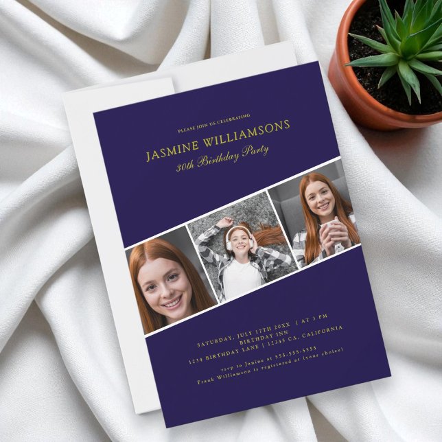 Invitation Or bleu moderne trois photo collage anniversaire (Créateur téléchargé)