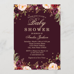 Invitation Or Bourgogne Élégant Baby shower Floral