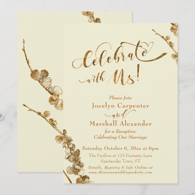 Invitation Or "Célébrez avec nous" avec plantes botaniques, i (Devant / Derrière)