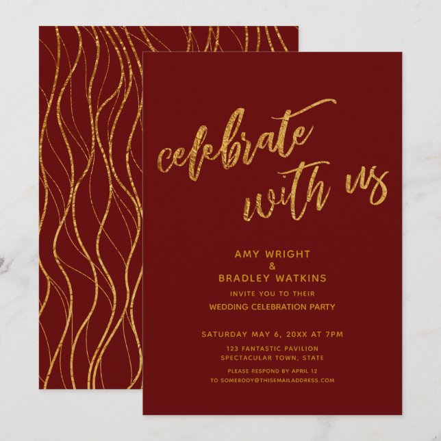 Invitation Or Célébrez avec nous Réception de mariage bordeau (Devant / Derrière)