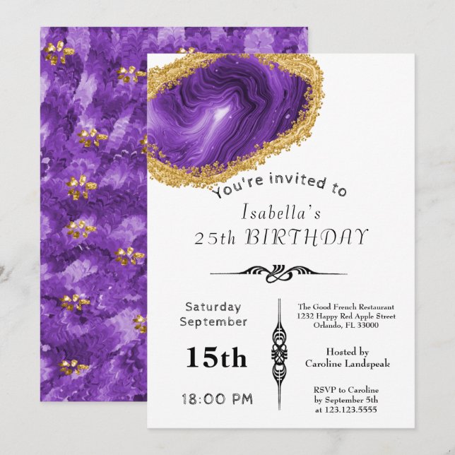 Invitation Or Chic Purple Agate doré pour Anniversaire (Devant / Derrière)