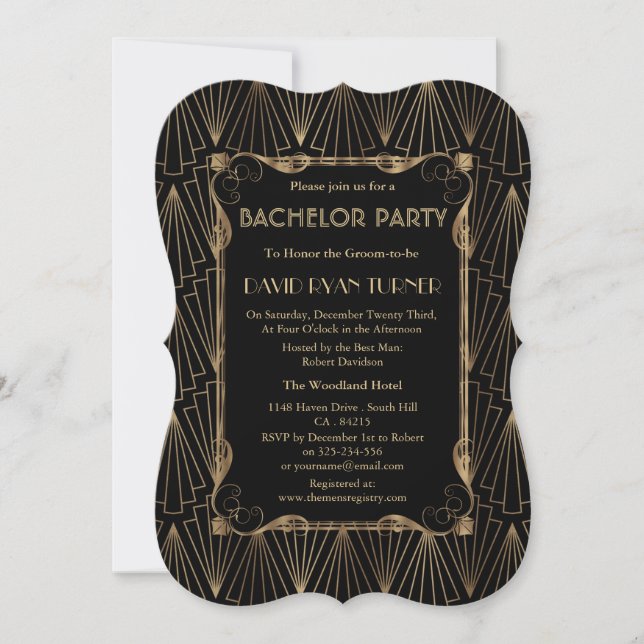 Invitation Or de Hollywood Gatsby enterrement de vie de garço (Devant)