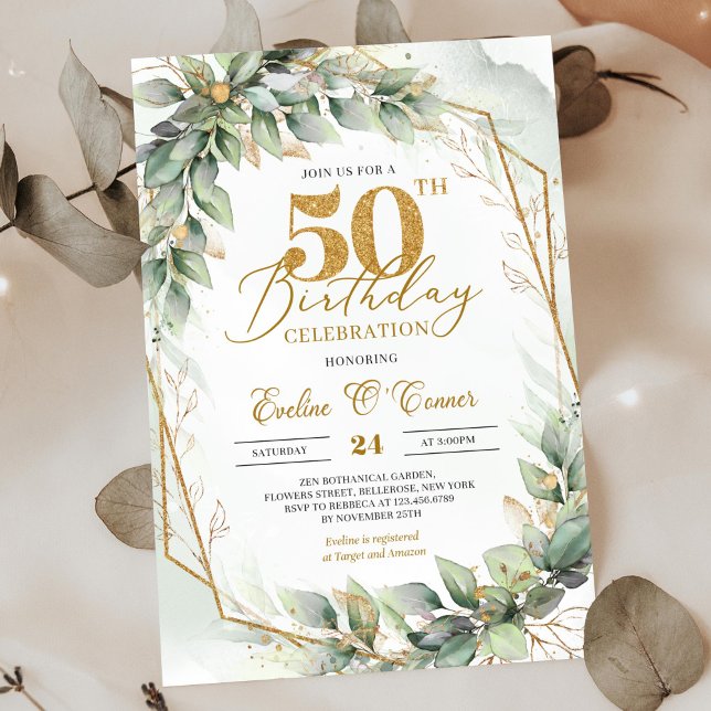 Invitation Or de la feuille de verdure botanique moderne 50e  (Bohemian green eucalyptus and gold frame 50th birthday invitation digital)