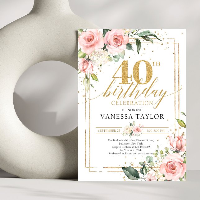 Invitation Or de l'eucalyptus rose rousse rustique 40e annive (Modern Boho blush pink floral gold glitter sparkles 40th birthday invitation digital)