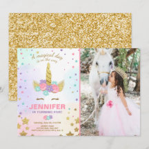 Or de rose d'invitation d'anniversaire de licorne