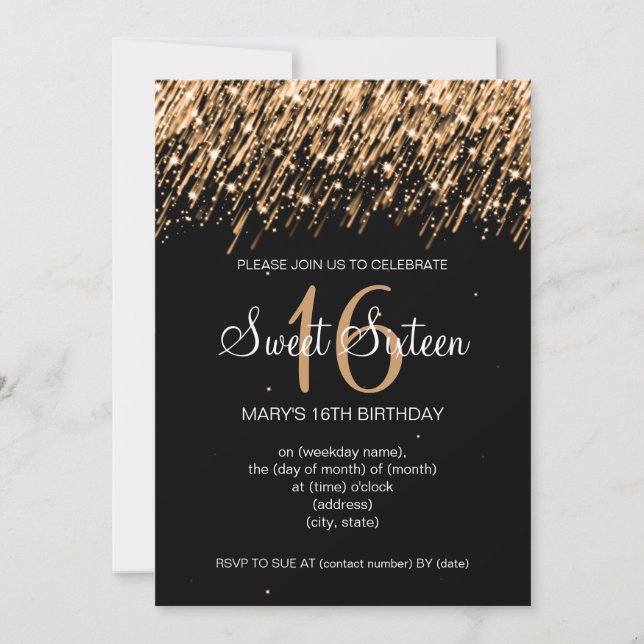 Invitation Or d'étoiles filantes de partie de sweet sixteen (Devant)