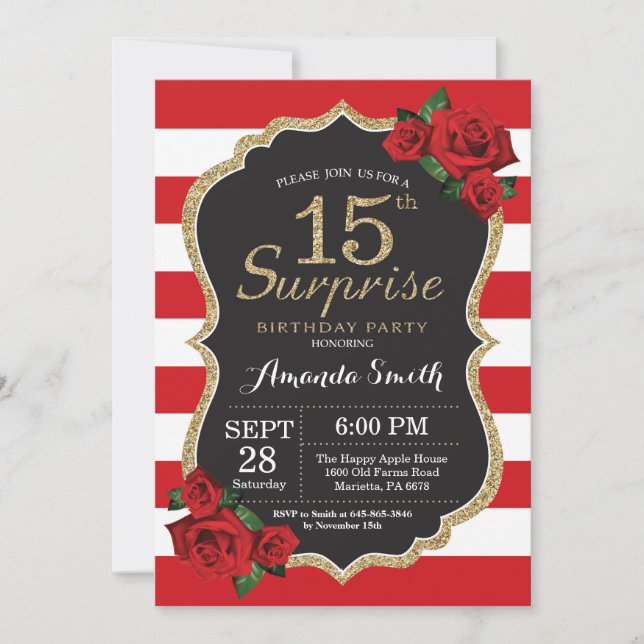 Invitation Or d'invitation d'anniversaire de rose rouge de (Devant)