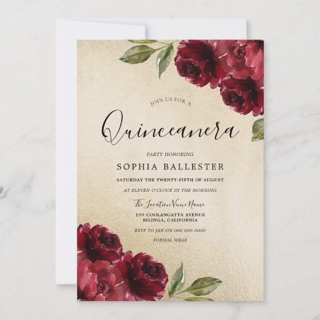 Invitation Or Elegant Bourgogne Fleurs Rouges Quinceanera (Devant)