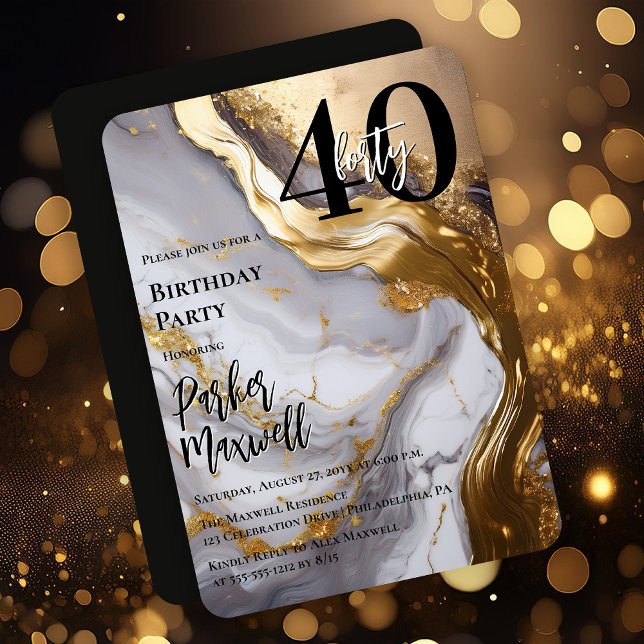 Invitation Or élégant | Marbre blanc Moderne 40 Anniversaire (Sleek Faux Gold and White Marble Modern "40" 40th Birthday Party Invitation - Print | Digital )