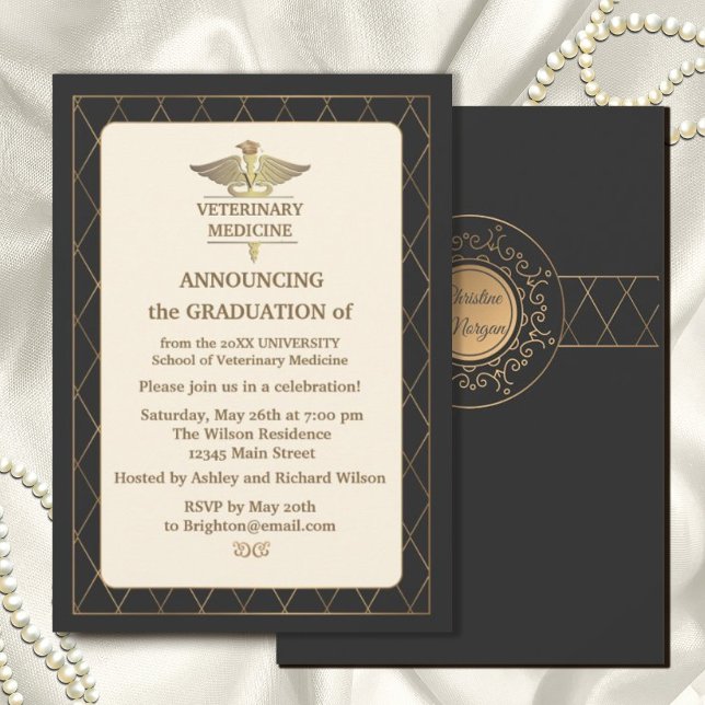 Invitation Or Élégant Ornate Romantique Médecine vétérinaire (graduation #veterinarymedicine#gradparty #zazzleinvitation #classic #vintage #gold #cap #capgrad)