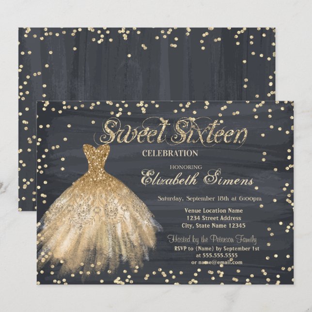 Invitation Or Elegant Robe Diamants Black Sweet 16 (Devant / Derrière)