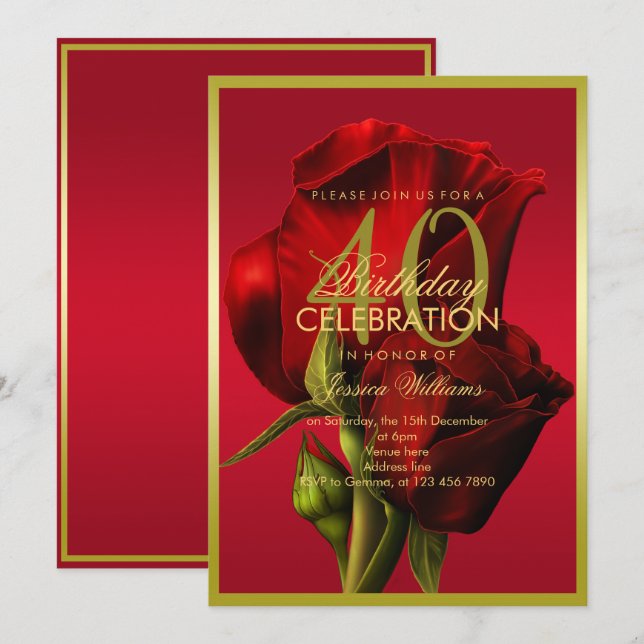 Invitation Or encadré romantique Rose rouge Anniversaire (Devant / Derrière)