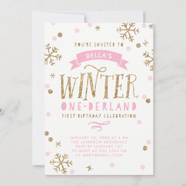 Invitation Or et anniversaire d'Onederland d'hiver rose (Devant)