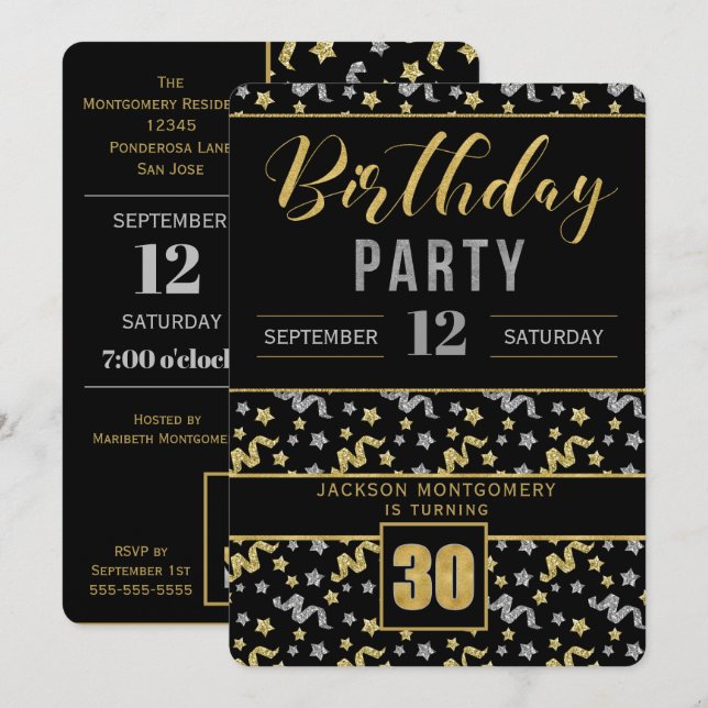 Invitation Or et argent sur Noir 30e anniversaire Confetti (Devant / Derrière)