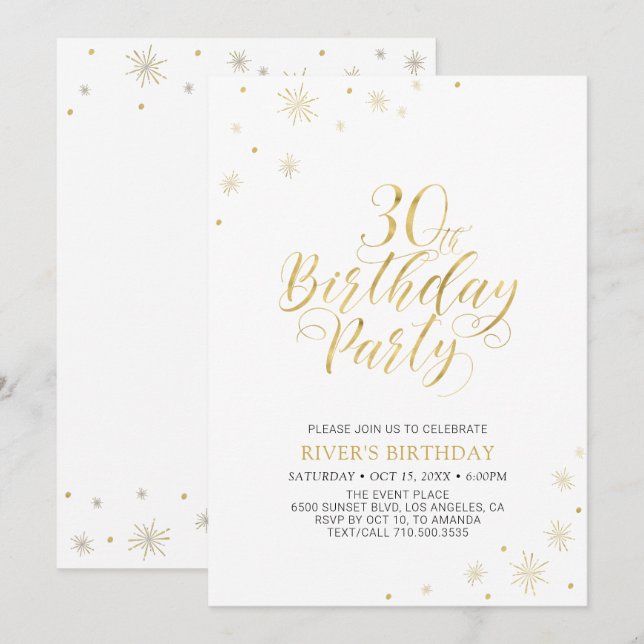 Invitation Or et blanc | Modern Chic 30th Birthday Party (Devant / Derrière)