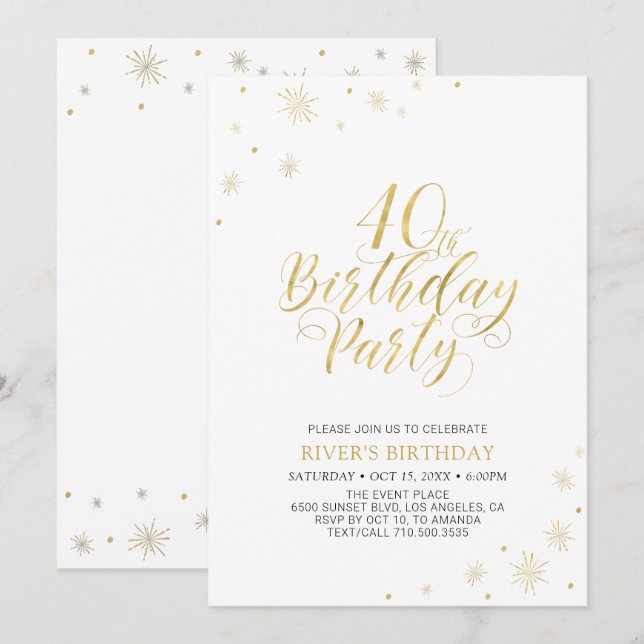 Invitation Or et blanc | Modern Chic 40th Birthday Party (Devant / Derrière)