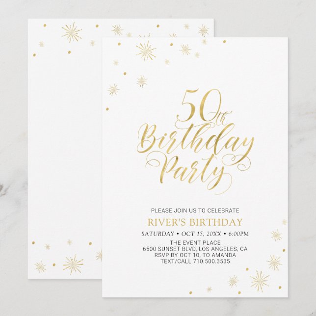 Invitation Or et blanc | Modern Chic 50th Birthday Party (Devant / Derrière)