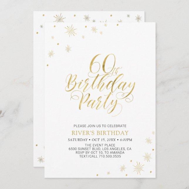 Invitation Or et blanc | Modern Chic 60th Birthday Party (Devant / Derrière)