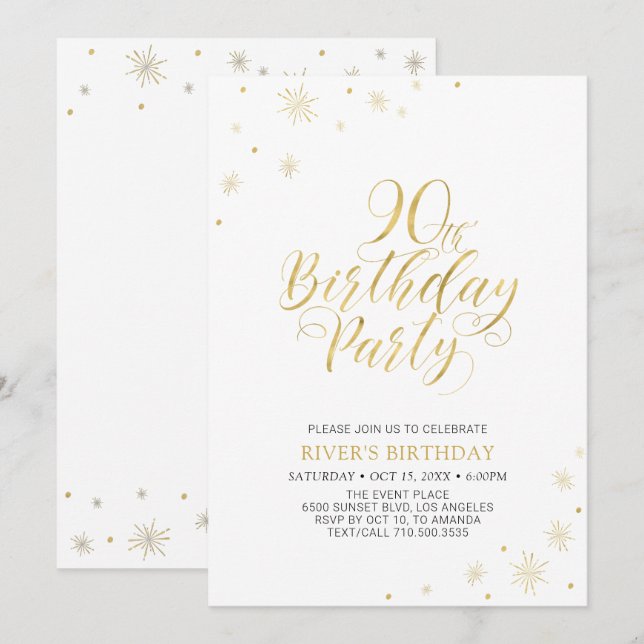 Invitation Or et blanc | Modern Chic 90th Birthday Party (Devant / Derrière)