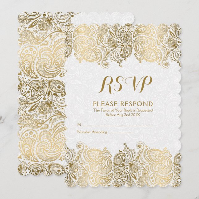 Invitation Or et blanc Paisley Lace RSVP (Devant / Derrière)