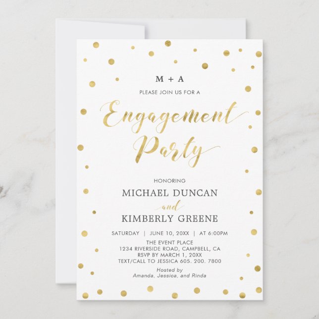 Invitation Or et blanc | Parti d'engagement Confetti moderne  (Devant)