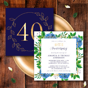 Invitation Or et bleu Hydrangea 40e anniversaire de Mariage