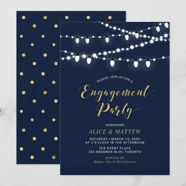 Invitation Or et bleu marine | Chic Modern Engagement Party à (Devant / Derrière)